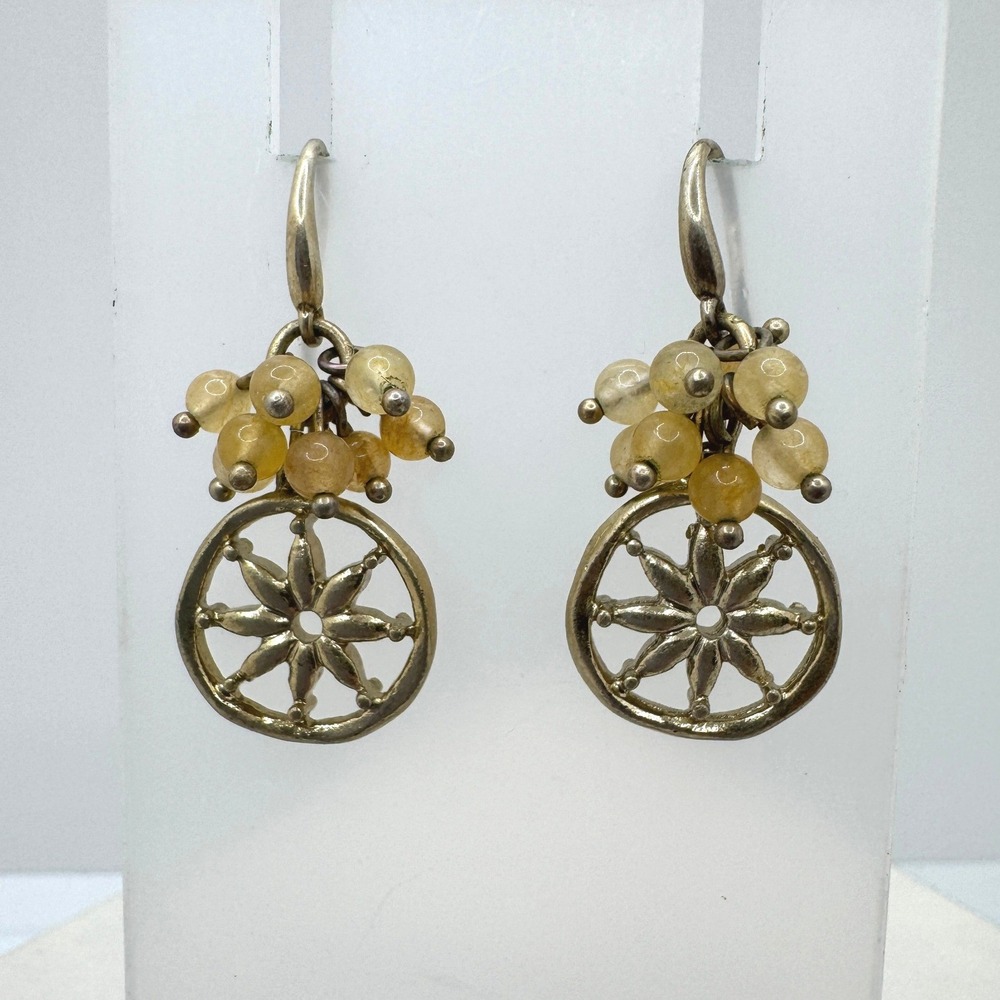 Vintage Gold Tone Sunburst Wheel Drop Earrings with Citrine Color Stone Beads